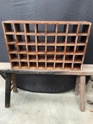 Industrial wooden pigeonhole storage unit, with 40 dockets. Circa 1920s-1940s. The type you might see in a printer's office or behind the check-in desk of a hotel.