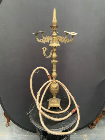 Large ornate vintage Indian brass hookah with one stem and hose and four candelabra arms.