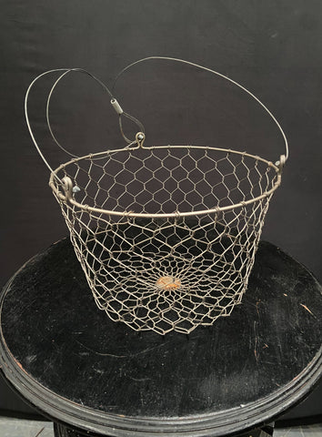 A pair of hanging chicken wire basket planters.