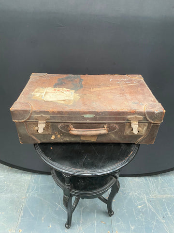 Antique Brown Suitcase with Pasted Paper