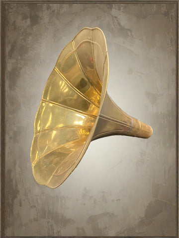 Golden shiny brass gramophone horn cast in a flower-shaped design.