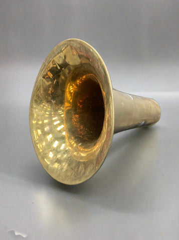 Antique shiny brass phonograph/gramophone horn cast in a cone shape.