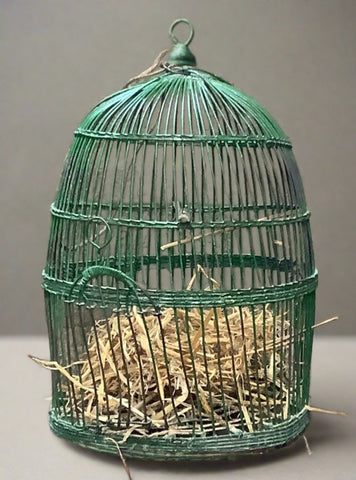 Green hand-wound metal birdcage filled with hay.