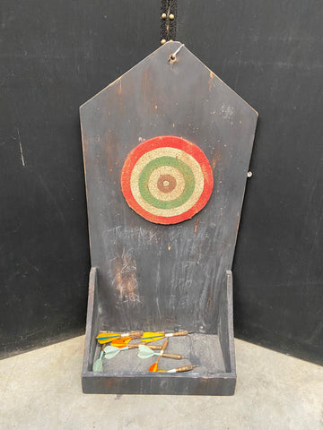 Period cork dartboard attached to a wooden stand/base with a tray and real metal darts.