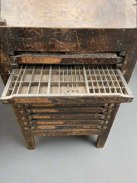 Antique wooden printer's drawers with sectioned drawers for printing type blocks.
