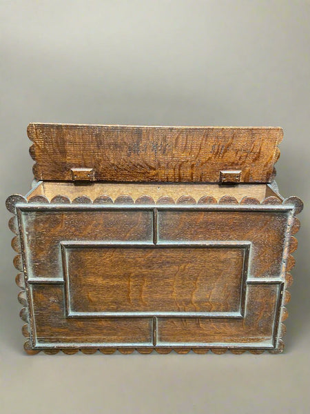 Antique wooden wall-mounted letter/magazine storage box with a hinged lid.