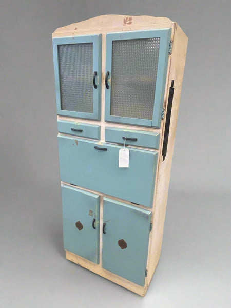 Retro blue kitchen larder/cupboard unit with frosted glass doors. Circa 1950/60s.