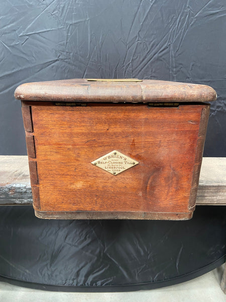 Thomas O'Brien of Liverpool Victorian oak self-closing shop till with an ornate cast metal handle.&nbsp;