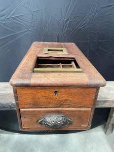 Thomas O'Brien of Liverpool Victorian oak self-closing shop till with an ornate cast metal handle.&nbsp;
