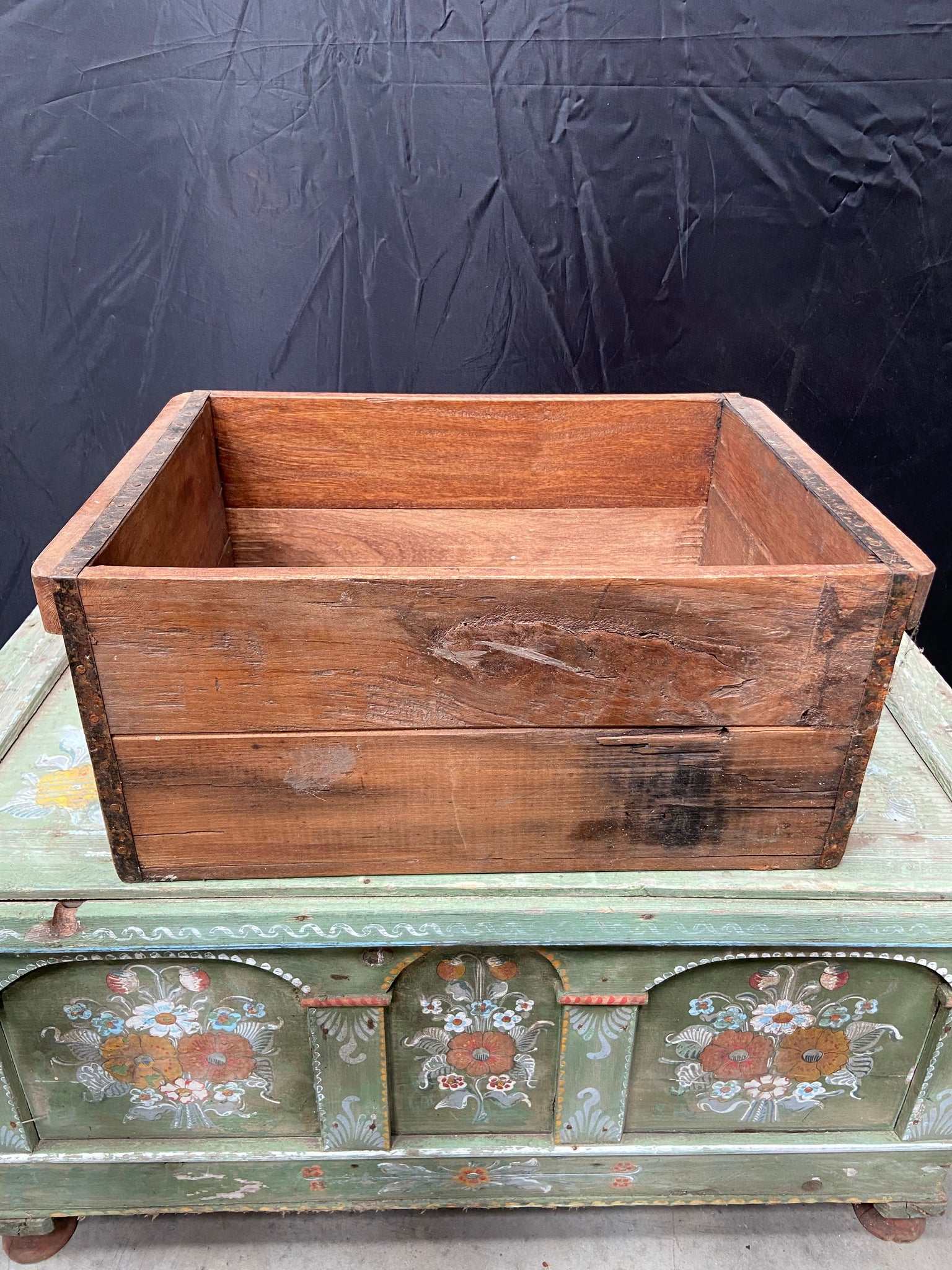 Rustic wooden crate with missing planks at the bottom Ashwood Film TV Props London