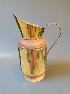 Large vintage brass and copper pitcher/jug/coal bucket/umbrella pot with a large curved handle.