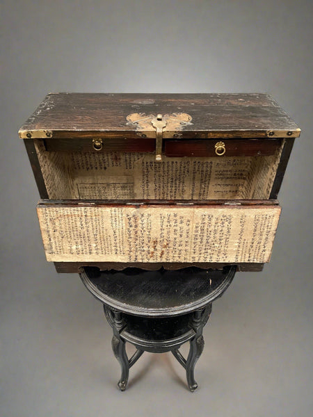 Korean Bandaji chest.  19th century, made from elm with decorative brass mounts and lined with original rice paper.  Bandaji is the term for these front-opening hinged chests. It could also be an Oriental campaign tea chest.