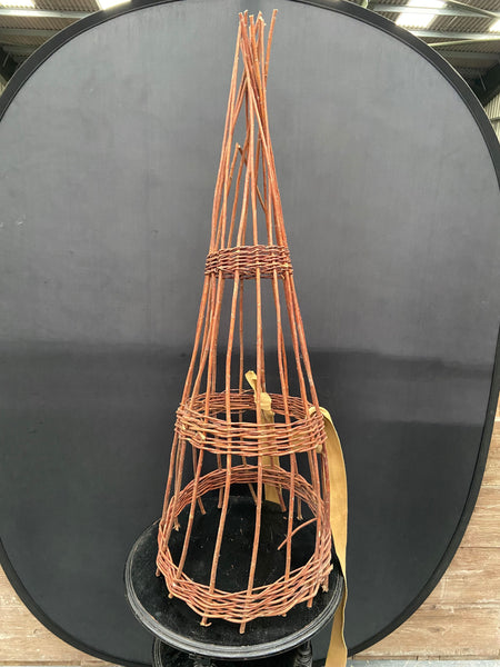 Woven willow plant supports in an obelisk shape with fabric straps.&nbsp;