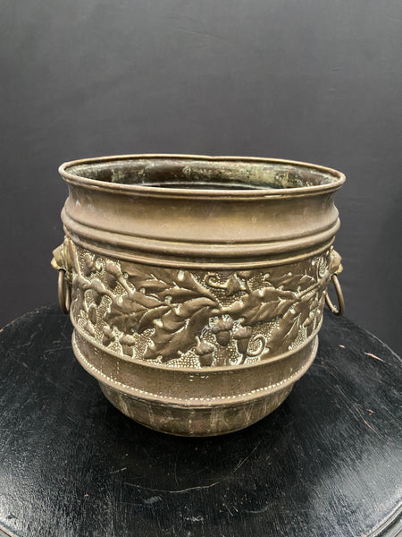 A pair of early 20th-century brass jardinieres planters with a decorative embossed design featuring a lion head.&nbsp;&nbsp;