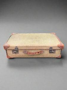 WWII vintage khaki canvas and brown leather trimmed suitcase.