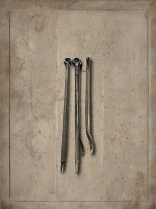 A set of small fire pokers with a claw-shaped end.