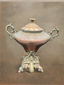 19th-century ornate copper samovar with intricate cast details, specifically on the handles and tap.