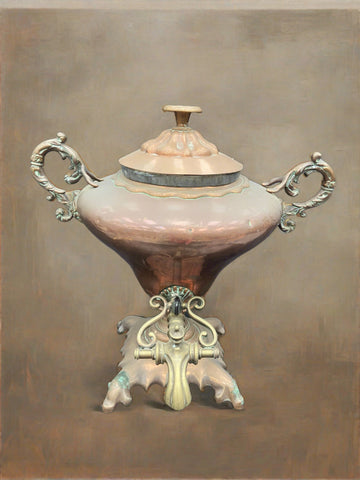 19th-century ornate copper samovar with intricate cast details, specifically on the handles and tap.