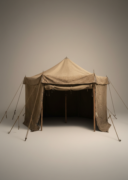 A hexagonal canvas tent with the option to have full sides or an overhead canopy.