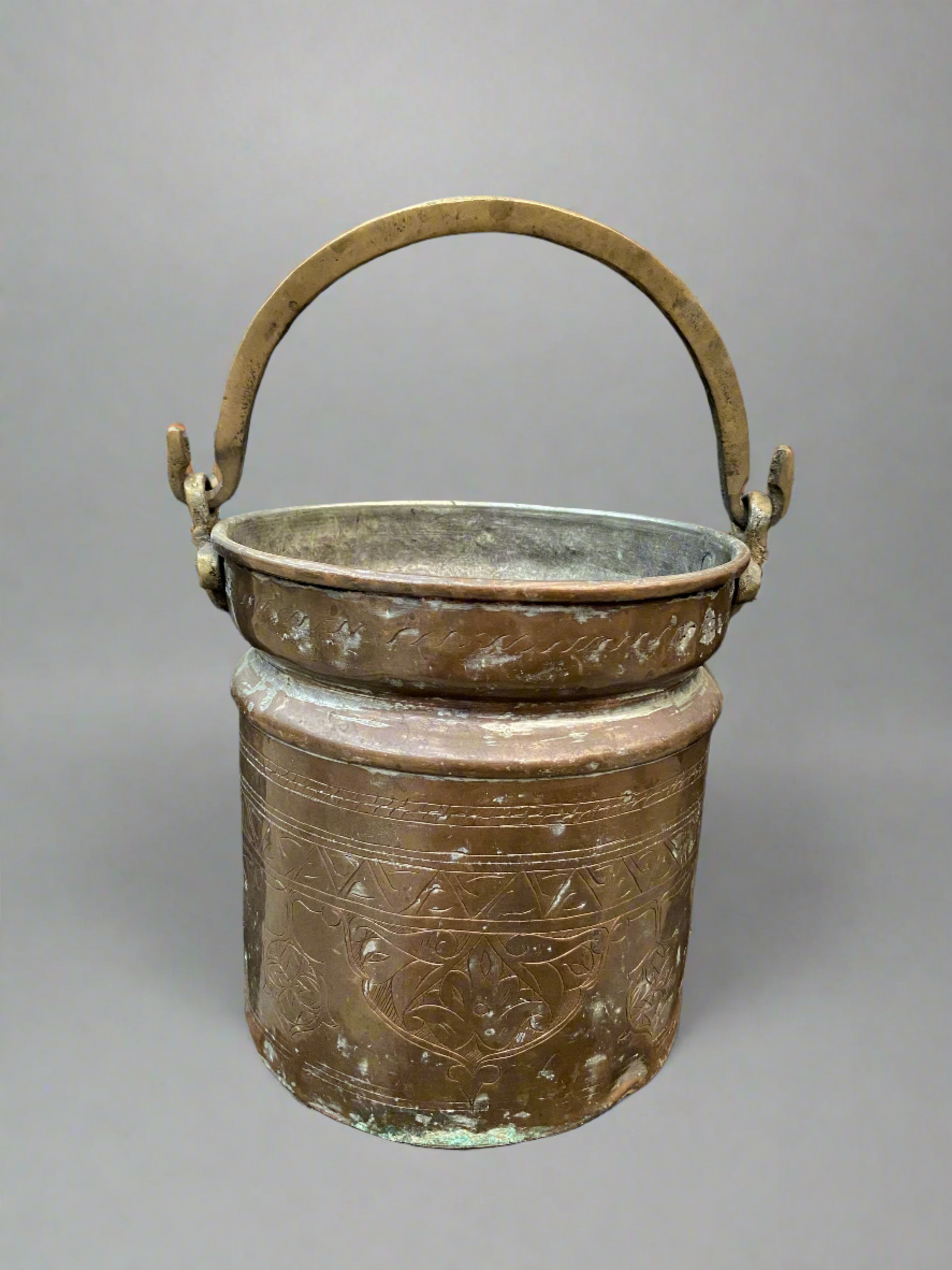 Persian/ Ottoman copper pail with a thick gold handle.