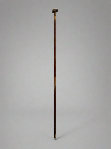 Antique gun cleaning brush mounted on a long wooden pole with a brass handle.