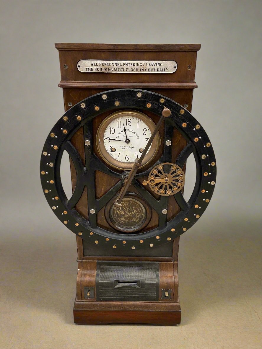 Large floor standing 'clocking in machine,' made in an industrial, Victorian style.