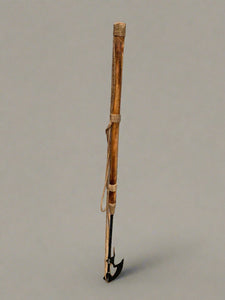 A set of 3 primitive handheld spears with rope cord carrying handles. There are two of the smaller blade size and one of the larger blade.