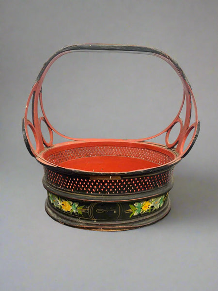 Chinese black lacquer flower basket with red interior. A Victorian design made in Burma or China.