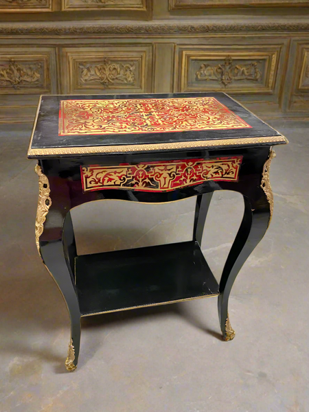 Napoleon III style French side table with boulle marquetry inlay.