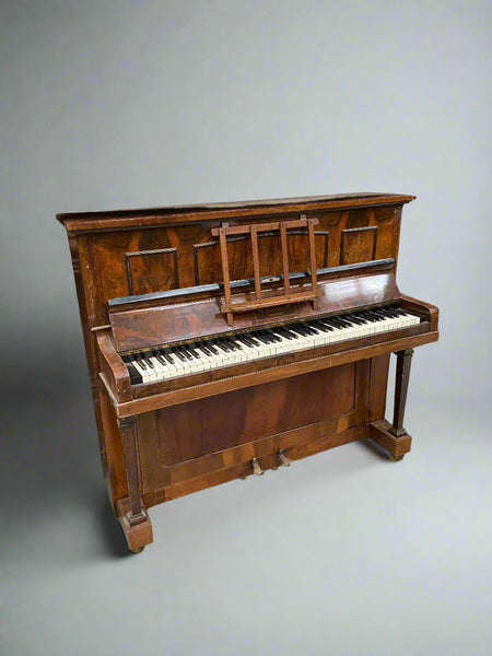 Morley antique walnut upright piano, circa early 20th century. Made in London.