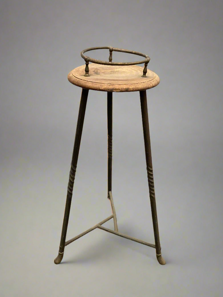 Unusual, industrial-style plant stand with a brass barrier and twisted metal legs.