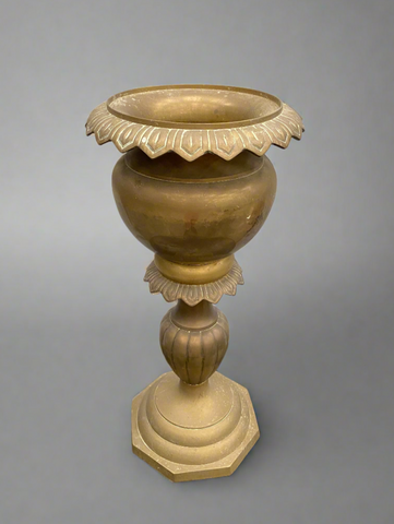 A matching pair of tall decorative brass planters, vintage from the 1970s.