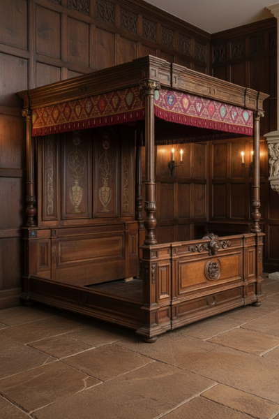 An antique renaissance-style four poster canopy bed with a heraldic shield trim.