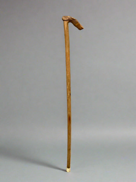 A large wooden walking stick with a carved horse head handle.