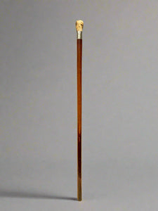 A gentleman's wooden walking stick, topped with a handle crafted from bone and silver.