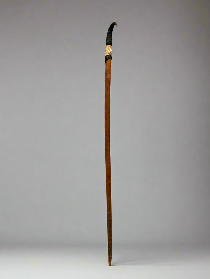 Long wooden alpine hiking pole, topped with a horn handle.