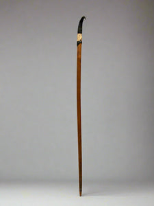 Long wooden alpine hiking pole, topped with a horn handle.