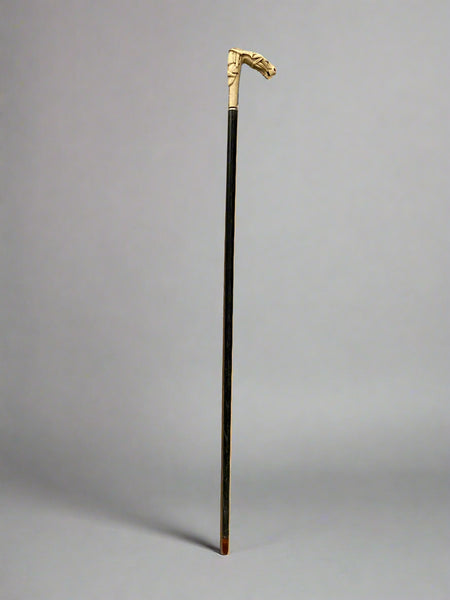 A sleek black gentleman's walking stick topped with a carved ivory handle depicting a male bearded face and a horse head.