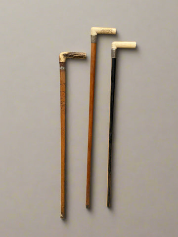 A trio of wooden walking sticks with natural horn handles, set at a 90 degree angle.