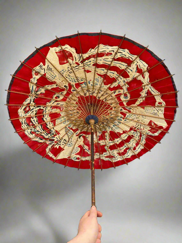 A vintage, hand-painted, traditional Chinese rice paper parasol.
