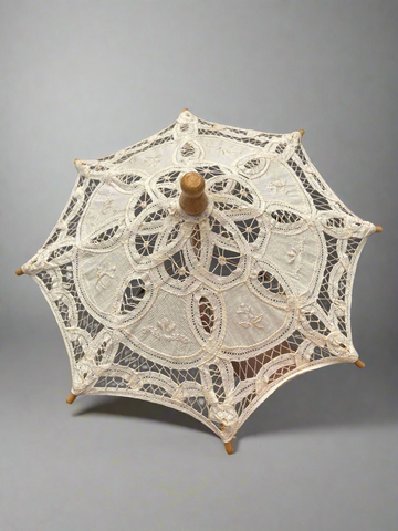 A vintage miniature ecru linen &amp; lace embroidered umbrella, possibly French.