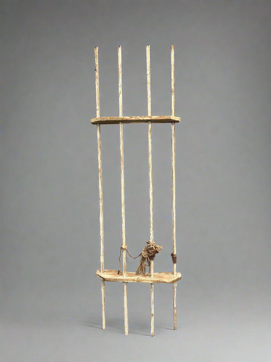 A hanging antique wooden clothes airer with four laths and a pulley maid system.