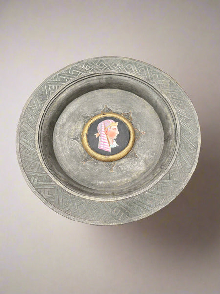 Vintage tazza fruit plate on a tall, ornate stand. Circa 1960s and featuring an Egyptian head.