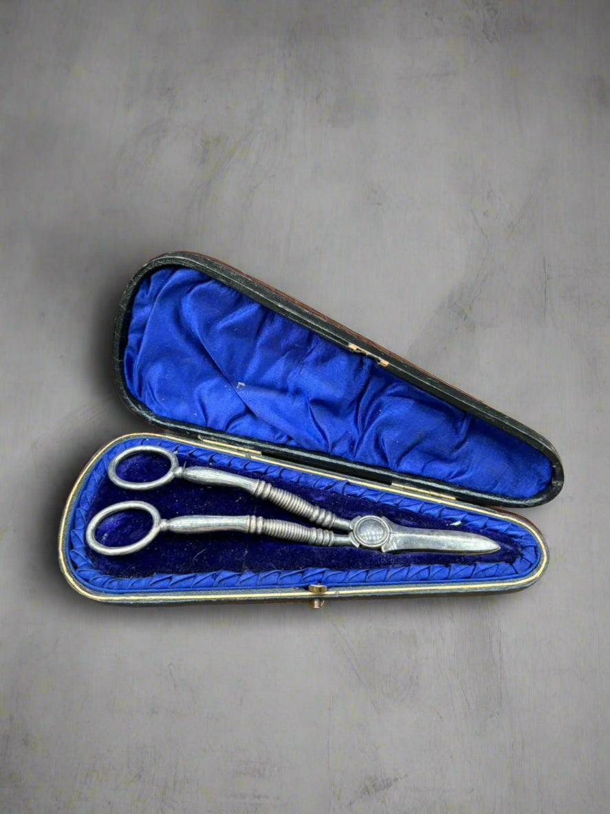 A pair of Edwardian silver plated grape scissors, in a blue silk-lined storage case.