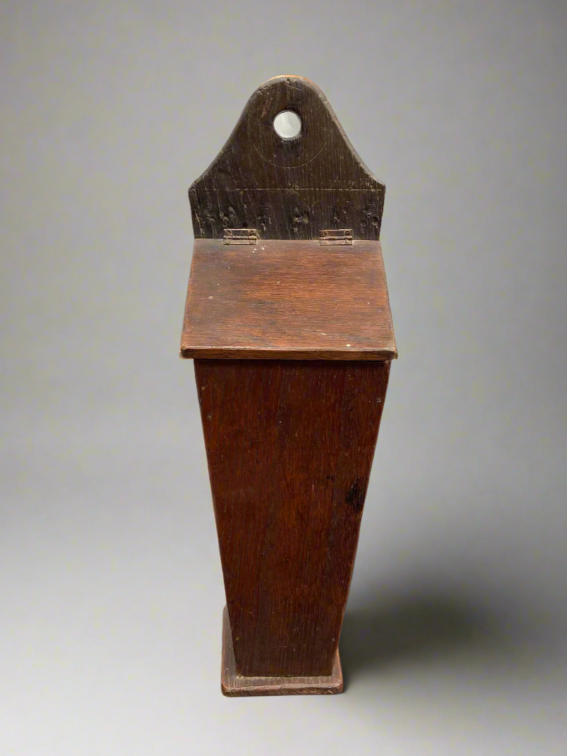 19th-century, mahogany, wall-hanging candle storage box.