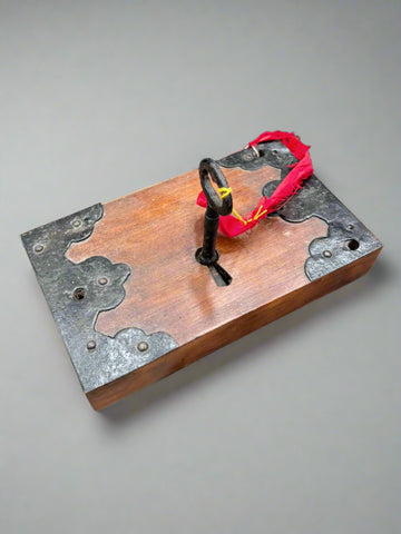 Antique, gothic-style, rim lock furniture with a cast iron border and key.