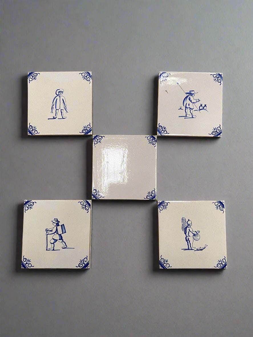 A set of Dutch Delft blue and white ceramic tiles, circa 18th century.