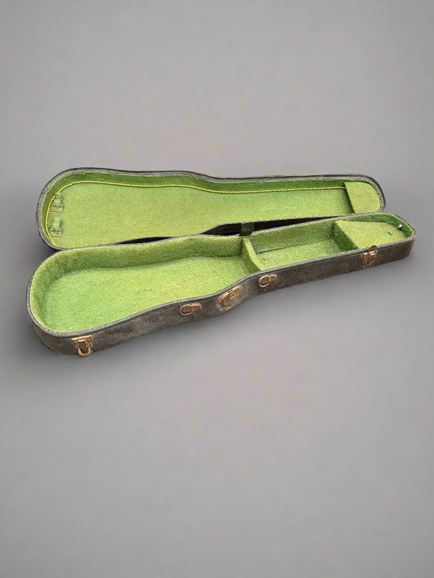 A traditional black violin case, lined with green felt.