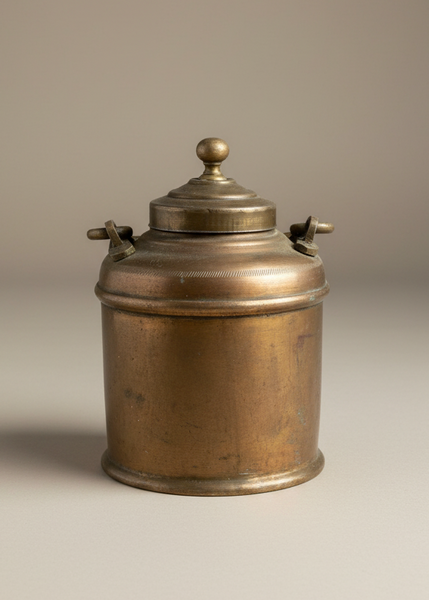 A set of vintage Indian brass milk pots/ bharnis, with a ridged textured finish.
