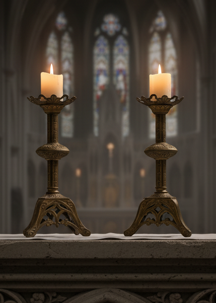 A pair of gilt brass/bronze church pricket candlesticks in a gothic revival style.